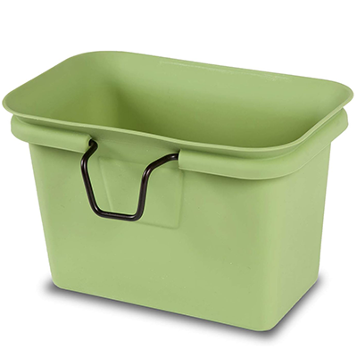 Light green rectangular freezer storage bin with a black handle on the front.