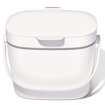White compact, rectangular compost bin with a handle and hinged lid.
