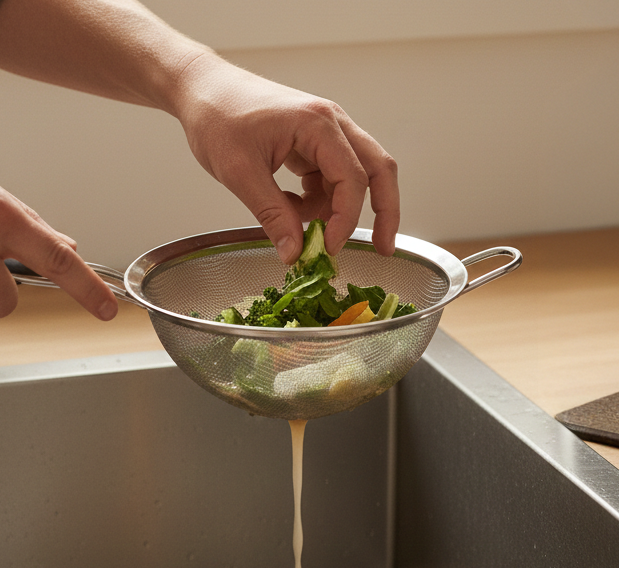 Hand holding a metal strainer over a sink, draining liquid from chopped vegetables.