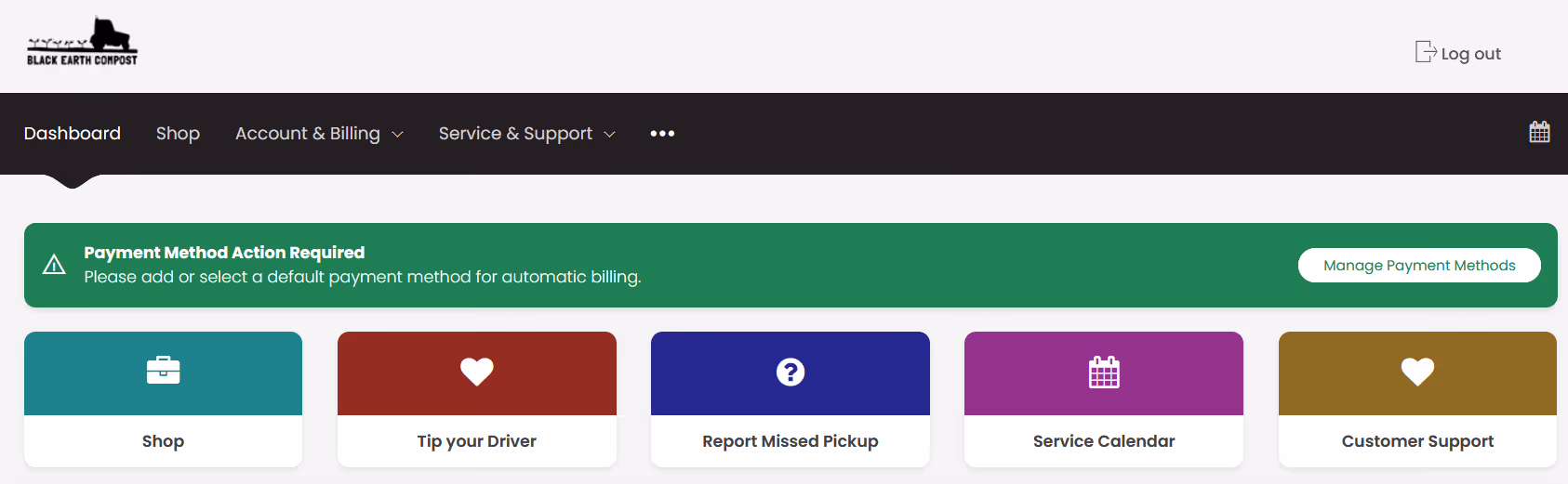 Black Earth Compost dashboard showing a payment method alert and navigation options including Shop, Tip your Driver, Report Missed Pickup, Service Calendar, and Customer Support.