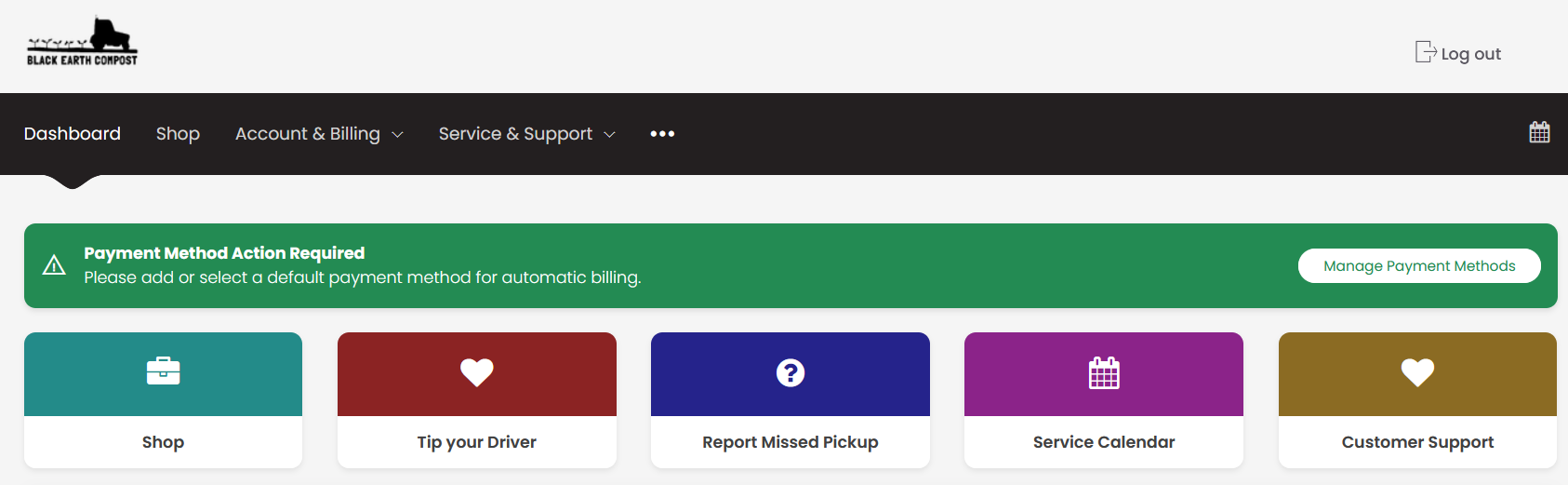 Black Earth Compost dashboard showing a payment method alert and navigation options including Shop, Tip your Driver, Report Missed Pickup, Service Calendar, and Customer Support.