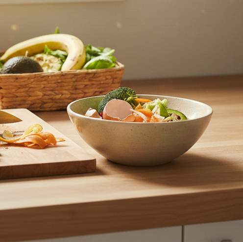 Kitchen compost bowl with vegetable scraps and eggshells on a wooden countertop near a wicker basket with banana, avocado, and greens.
