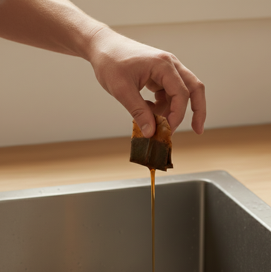 Hand squeezing liquid from a used tea bag over a sink.