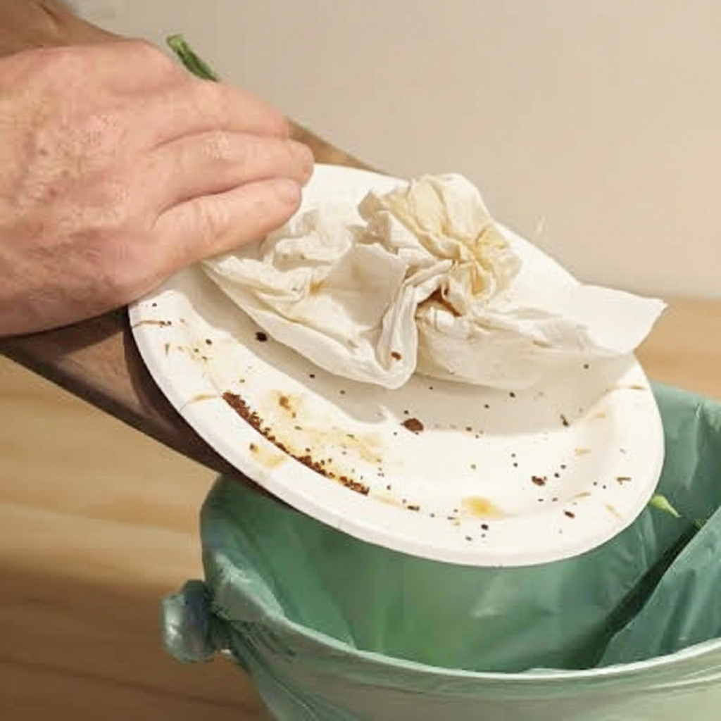 Hand holding a soiled paper plate and crumpled napkin over a trash can with a green liner.