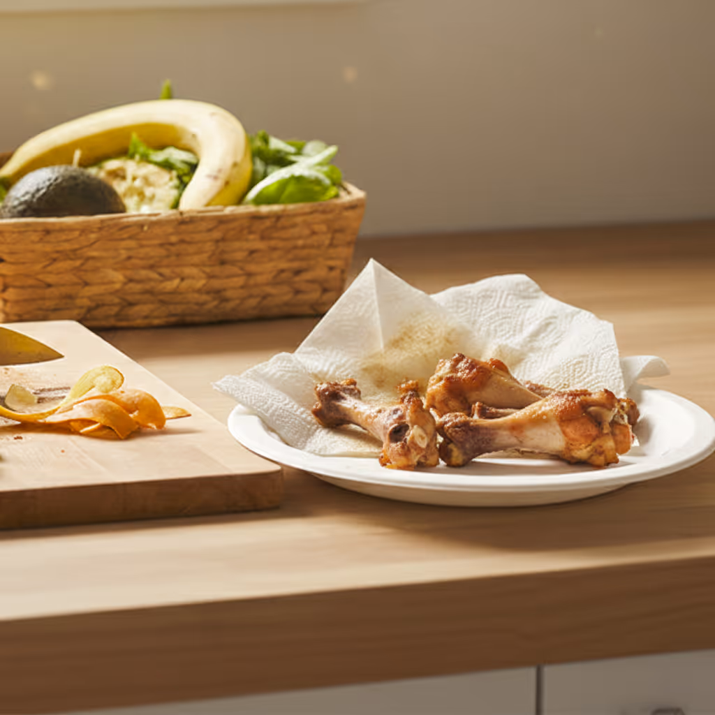 Plate with three cooked chicken drumsticks on a paper towel on a wooden kitchen countertop next to a cutting board with vegetable peels and a basket of fruits and greens in the background.