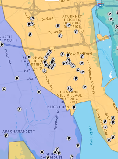 Map of New Bedford and surrounding historic districts, showing parking locations marked with 'P' symbols.