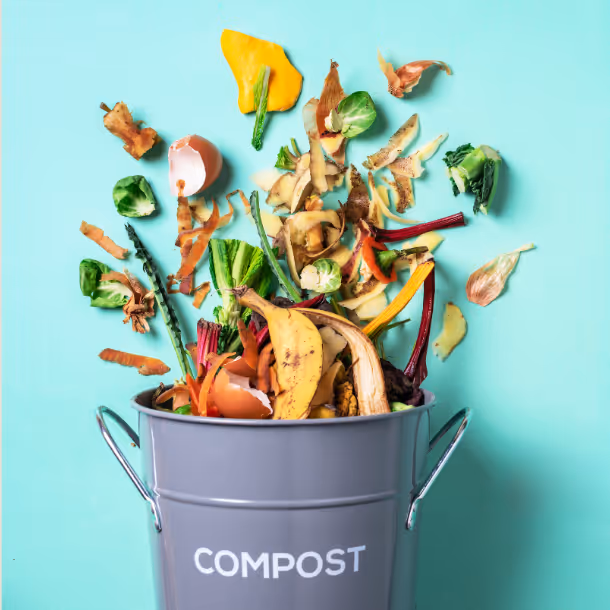 Gray compost bucket with various fruit and vegetable scraps, including banana peel, eggshells, and leafy greens, against a light blue background.