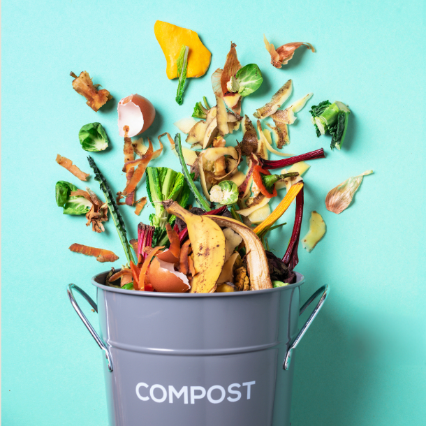 Gray compost bucket with various fruit and vegetable scraps, including banana peel, eggshells, and leafy greens, against a light blue background.