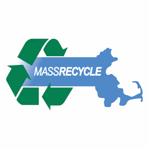 Blue silhouette of Massachusetts with green recycling arrows and the text 'MASSRECYCLE' in white and bold.