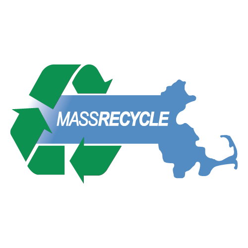 Blue silhouette of Massachusetts with green recycling arrows and the text 'MASSRECYCLE' in white and bold.