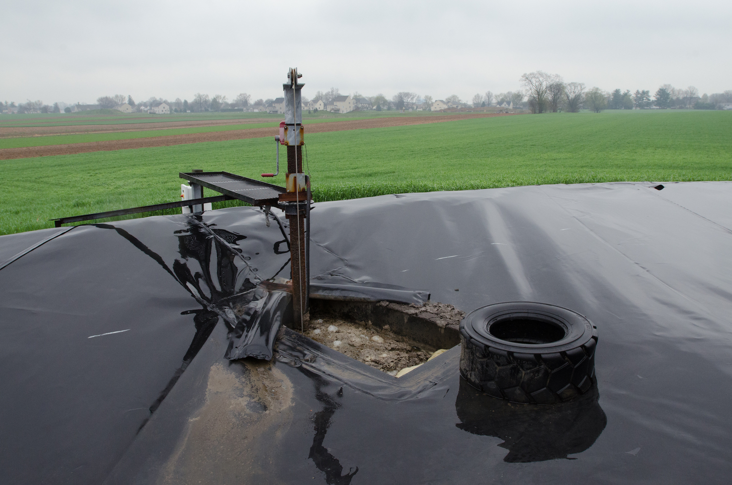 Open methane digestor tank covered with a black plastic tarp, with a mechanical device and tire on top, set in a green field under cloudy sky.