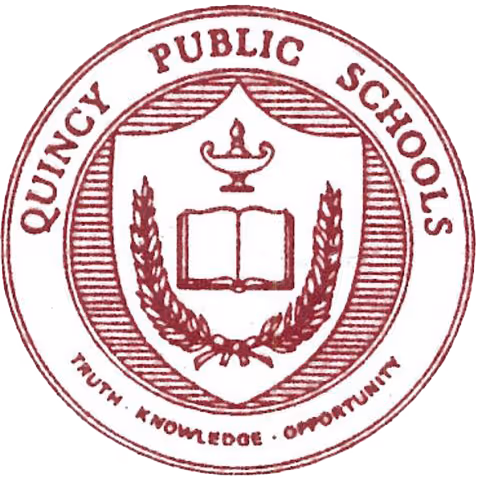 Seal of Quincy Public Schools with an open book, a lamp above it, and a laurel wreath surrounding the book, encircled by the words 'Quincy Public Schools' and the motto 'Truth • Knowledge • Opportunity'.