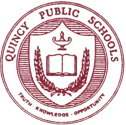 Seal of Quincy Public Schools with an open book, a lamp above it, and a laurel wreath surrounding the book, encircled by the words 'Quincy Public Schools' and the motto 'Truth • Knowledge • Opportunity'.