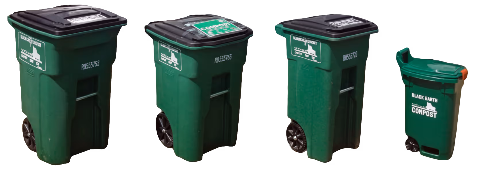 Four green compost bins with black lids, three large ones with wheels and one smaller with wheels, all labeled Black Earth Compost.