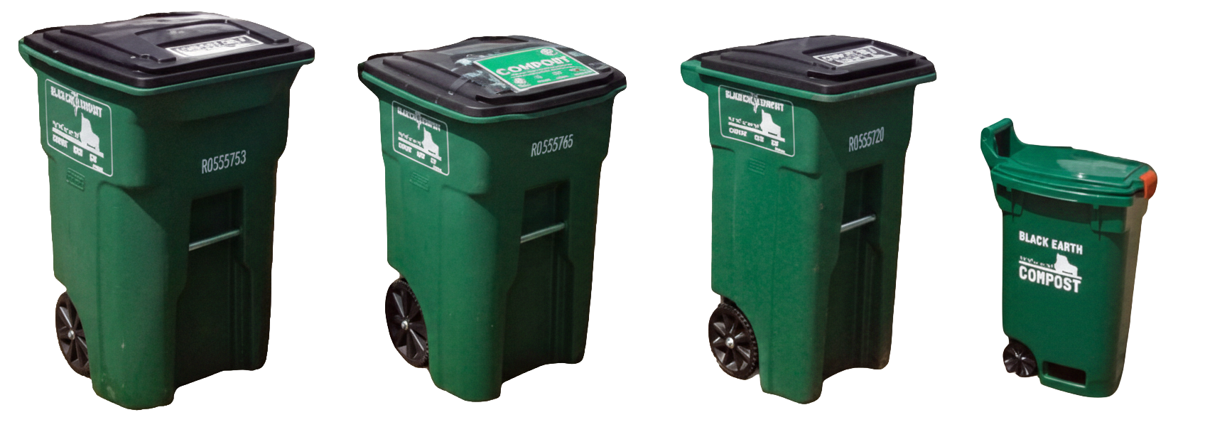 Four green compost bins with black lids, three large ones with wheels and one smaller with wheels, all labeled Black Earth Compost.