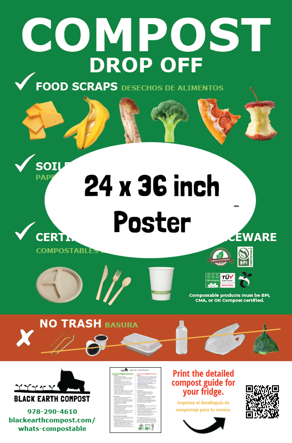 Compost drop off poster showing accepted items: food scraps like cheese, banana peel, chicken bone, broccoli, pizza slice, apple core; soil paper products; certified compostable tableware including a plate, wooden utensils, and a cup; and items not accepted like plastic straws, coffee pods, foam containers, plastic bottles, plastic bags, and tied green bags. Includes Black Earth Compost contact info and a QR code for a detailed compost guide.