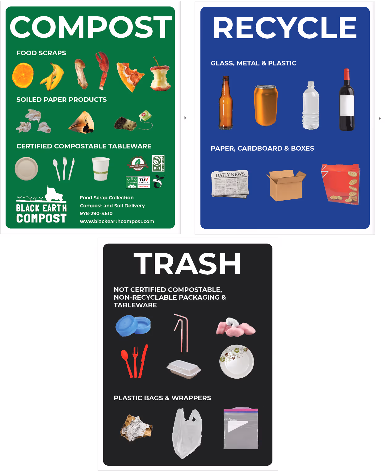 Three panels for waste sorting: green Compost panel showing food scraps, soiled paper products, and certified compostable tableware; blue Recycle panel with glass, metal, plastic bottles, cans, and paper, cardboard boxes; black Trash panel with non-compostable, non-recyclable packaging, tableware, plastic bags, and wrappers.