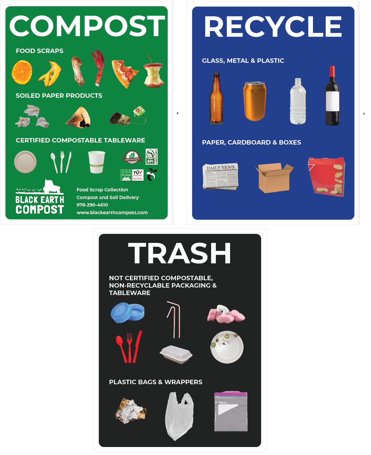 Three panels for waste sorting: green Compost panel showing food scraps, soiled paper products, and certified compostable tableware; blue Recycle panel with glass, metal, plastic bottles, cans, and paper, cardboard boxes; black Trash panel with non-compostable, non-recyclable packaging, tableware, plastic bags, and wrappers.