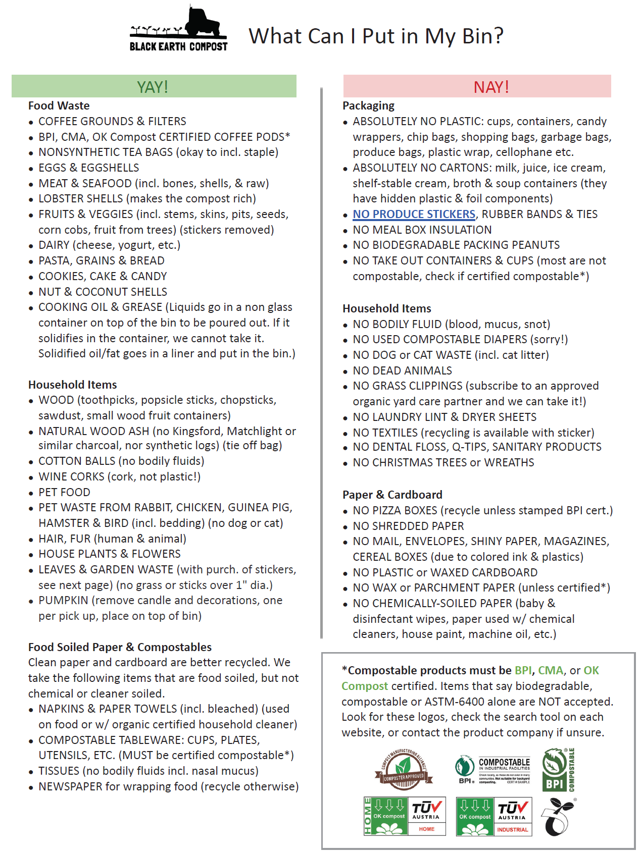 Black Earth Compost guide listing items allowed in compost bin such as food waste, household items, and compostable paper, and items not allowed including certain packaging, household items, and paper/cardboard with certification logos for compostable products.