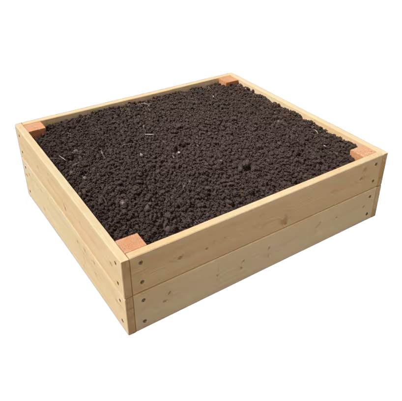 Wooden raised garden bed filled with dark soil, ready for planting.