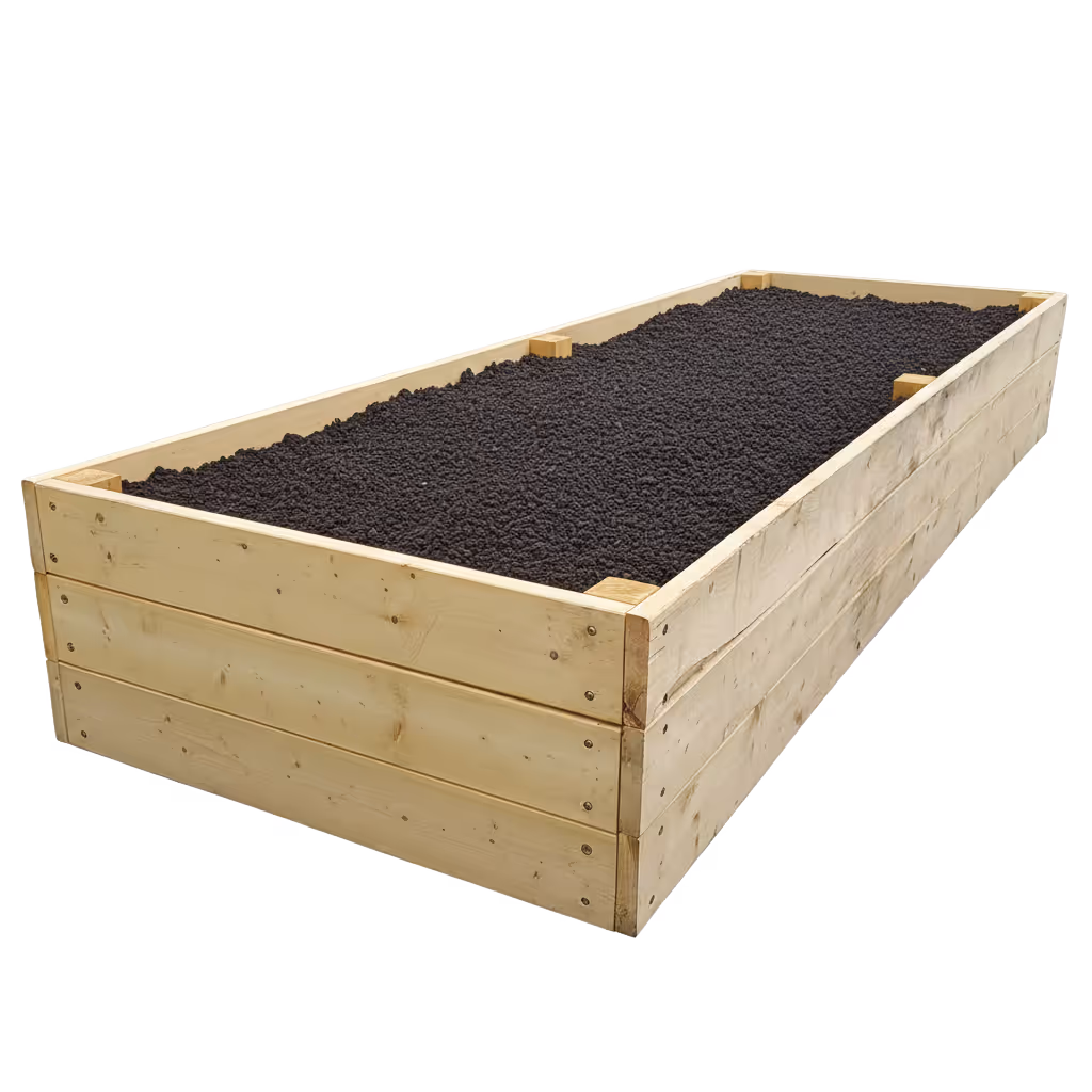 Rectangular wooden raised garden bed filled with dark soil.