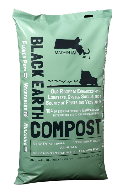 Black Earth Compost bag from Massachusetts with recipe enhanced by lobsters and oyster shells, supporting local farms.