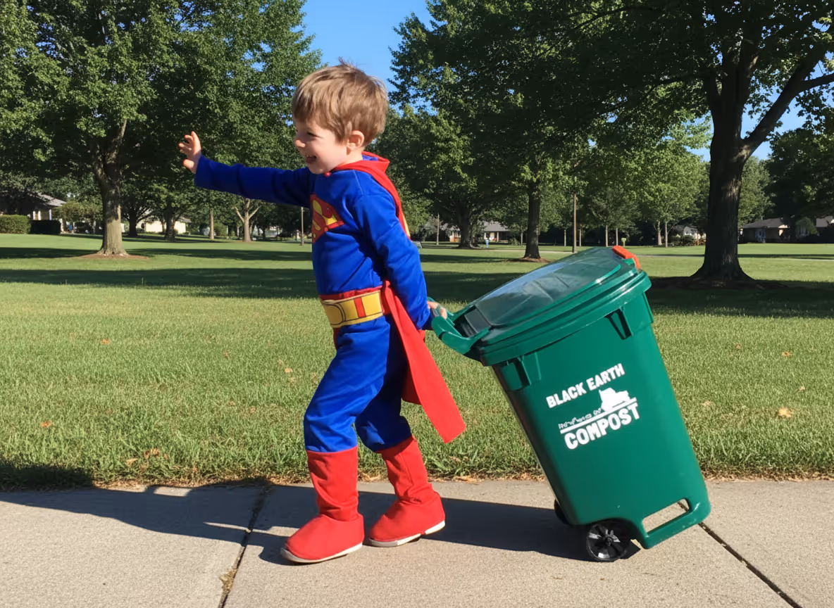 A young boy dressed in a Superman costume pulls a green compost bin labeled 'Black Earth Compost' on a sunny day in a park.