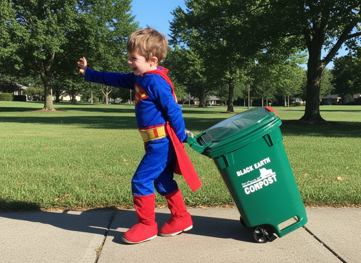 A young boy dressed in a Superman costume pulls a green compost bin labeled 'Black Earth Compost' on a sunny day in a park.