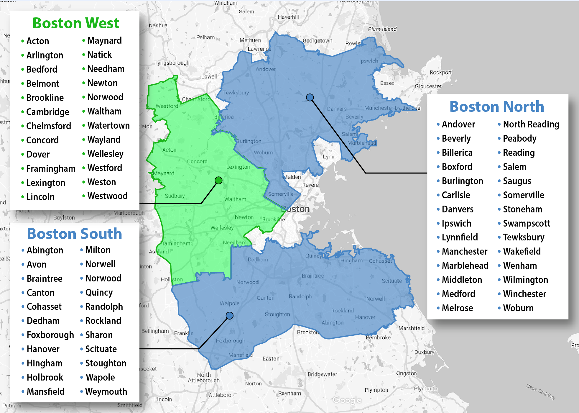 Map showing three service areas in Boston: Boston West in green covering towns like Acton, Cambridge, Newton; Boston North in blue covering towns like Andover, Beverly, Salem; Boston South in blue covering towns like Abington, Canton, Quincy.