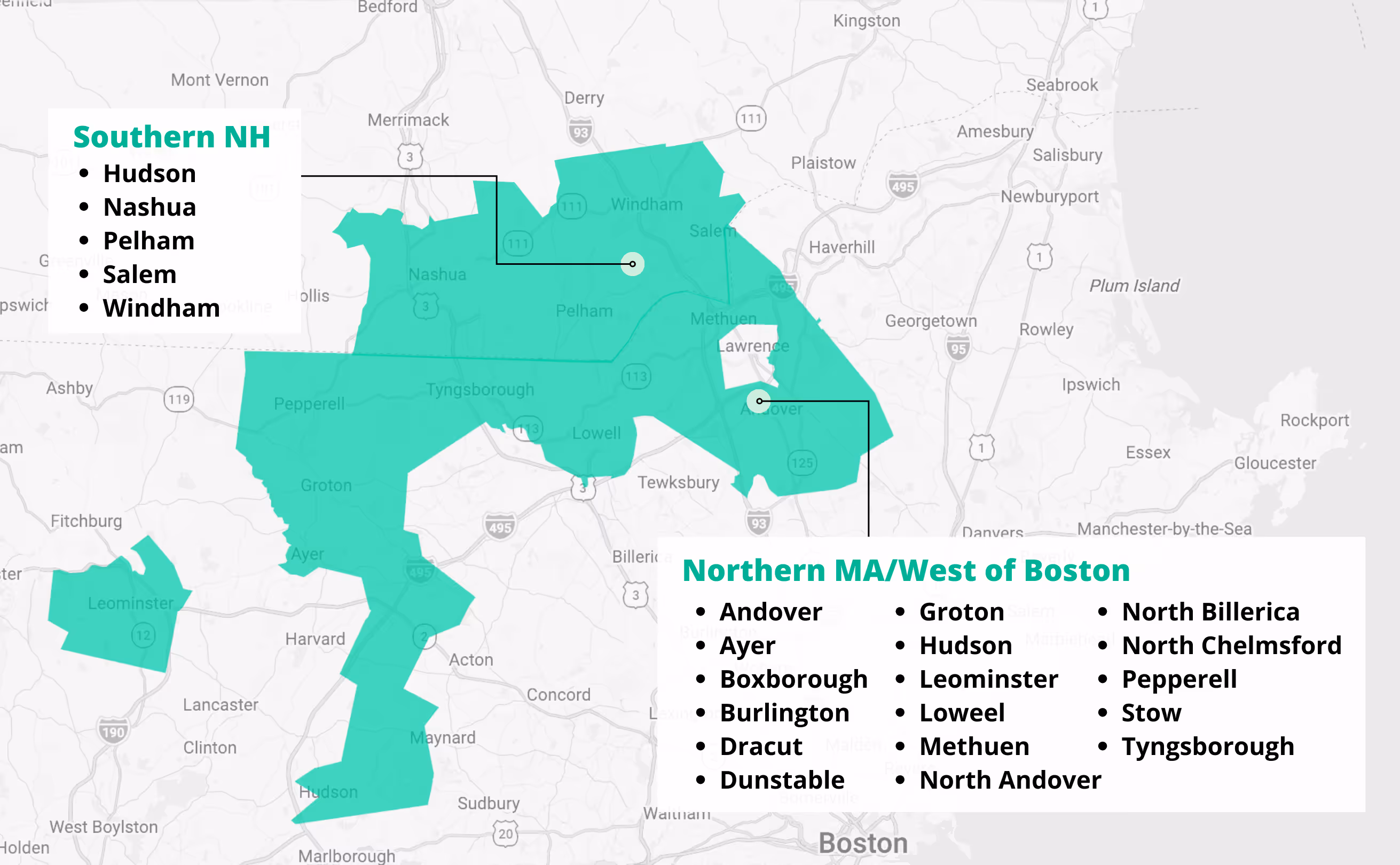 Map highlighting service areas in Southern New Hampshire and Northern Massachusetts west of Boston, including cities like Nashua, Salem, Andover, and Lowell.