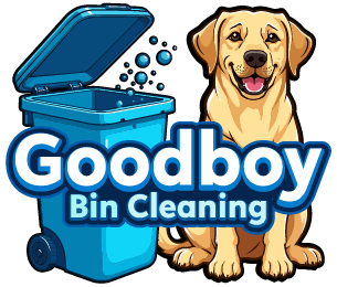 Logo with a blue open trash bin emitting bubbles and a smiling yellow Labrador dog beside it, with the text 'Goodboy Bin Cleaning'.