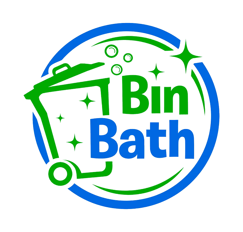 Logo with a green trash bin emitting sparkle effects and bubbles, encircled by a blue and green circular swoosh, with the text 'Bin Bath'.