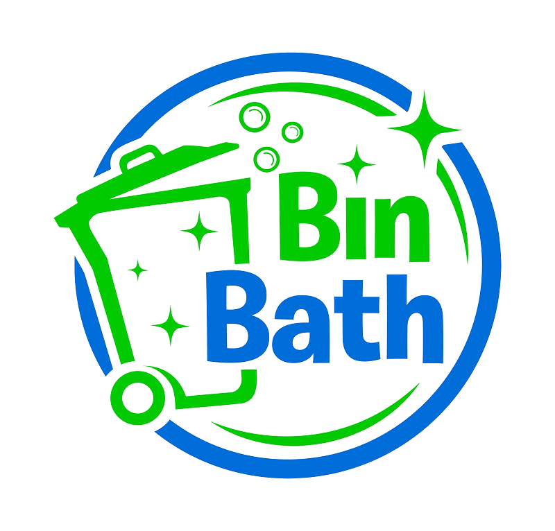 Logo with a green trash bin emitting sparkle effects and bubbles, encircled by a blue and green circular swoosh, with the text 'Bin Bath'.