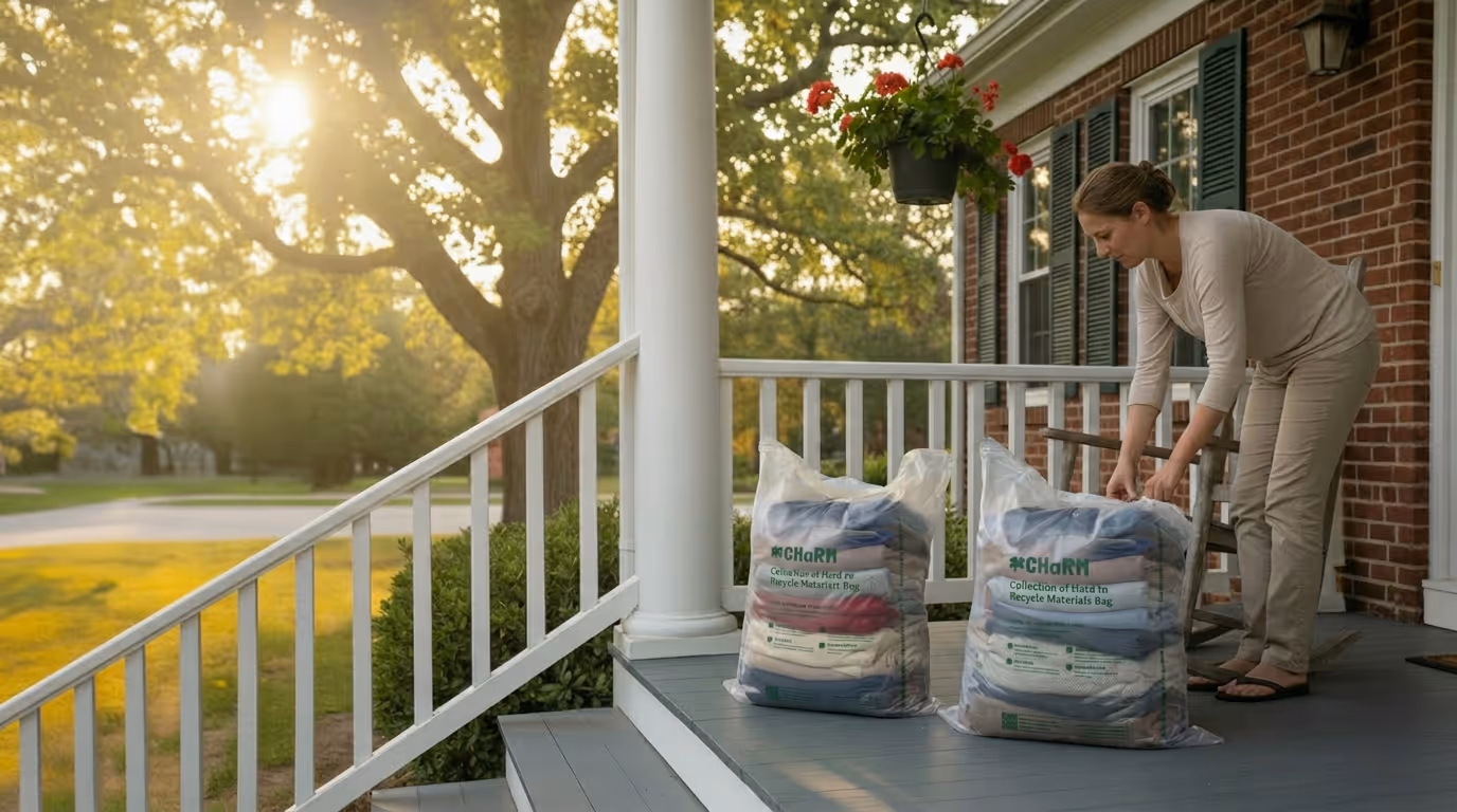 Woman placing a bag of recyclable materials on a front porch with sunlight filtering through trees in the background.