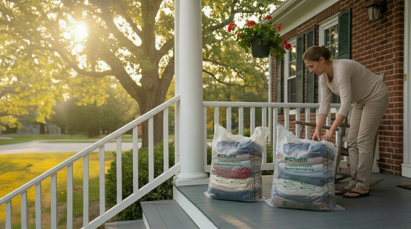 Woman placing a bag of recyclable materials on a front porch with sunlight filtering through trees in the background.