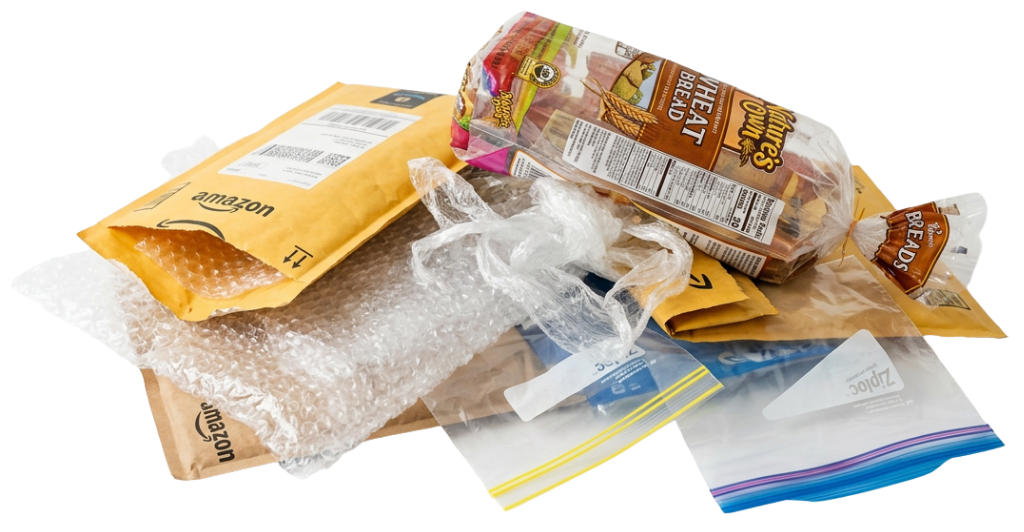 Various flexible plastic items including bubble wrap, Amazon padded mailers, a loaf of bread in plastic packaging, and two Ziploc bags.