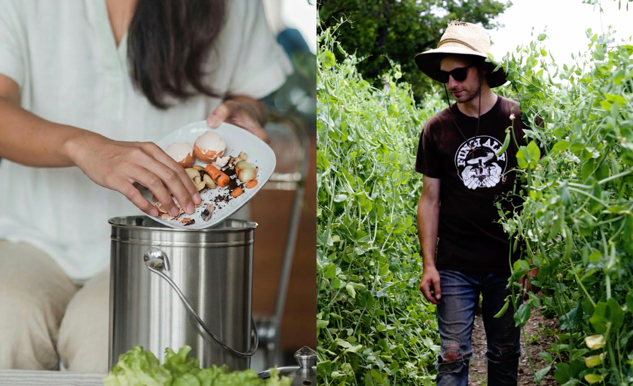 Left: Person adding food scraps including eggshells and vegetable peels into a stainless steel compost bin. Right: Man wearing a hat and sunglasses walking through a green garden with leafy plants.