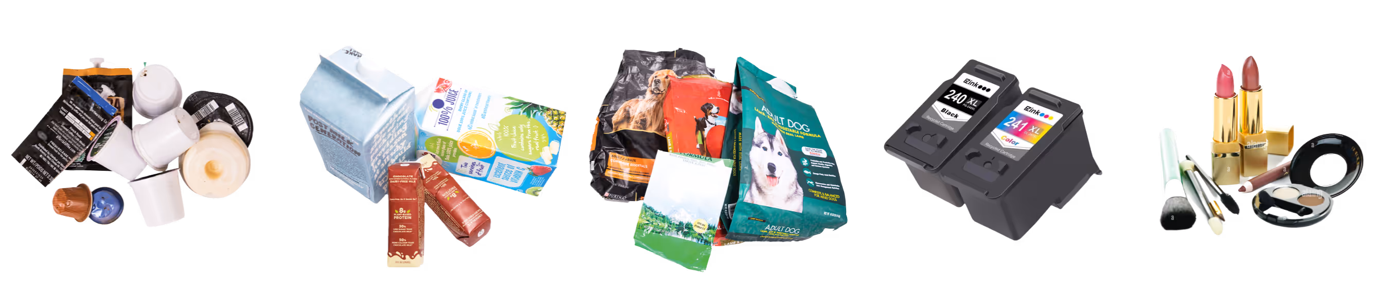 Various recyclables grouped: coffee pods and small containers, milk and juice cartons, dog food bags, black and color printer ink cartridges, and assorted makeup items including lipsticks and brushes.