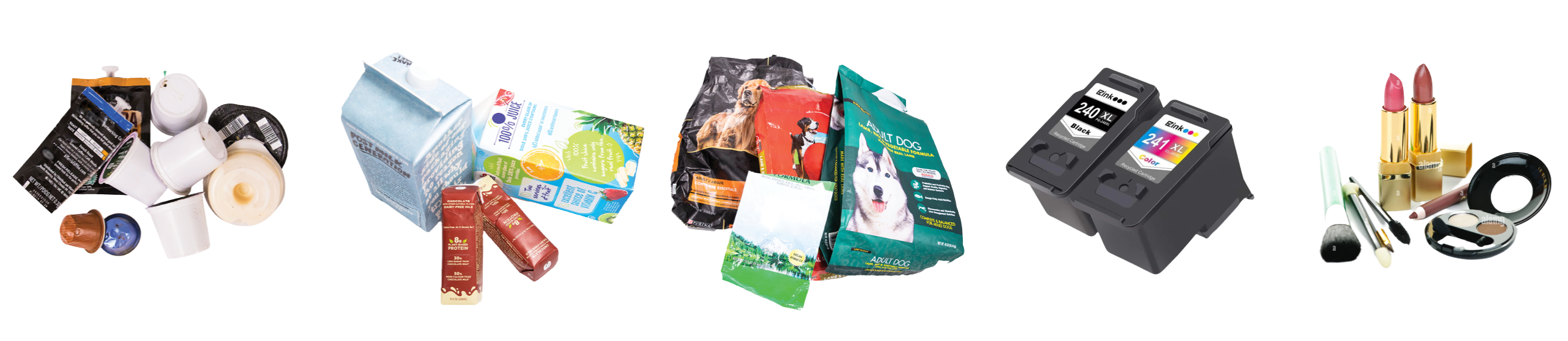 Various recyclables grouped: coffee pods and small containers, milk and juice cartons, dog food bags, black and color printer ink cartridges, and assorted makeup items including lipsticks and brushes.