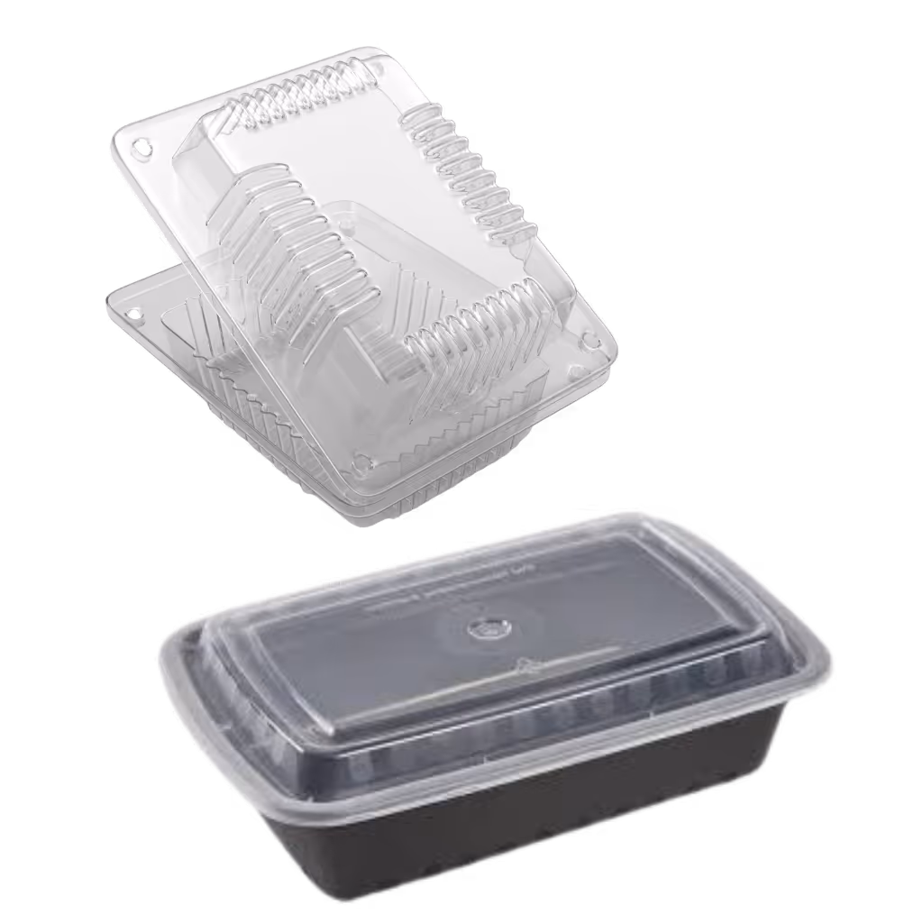 Two clear plastic food containers, one open and one closed with a black base and transparent lid.