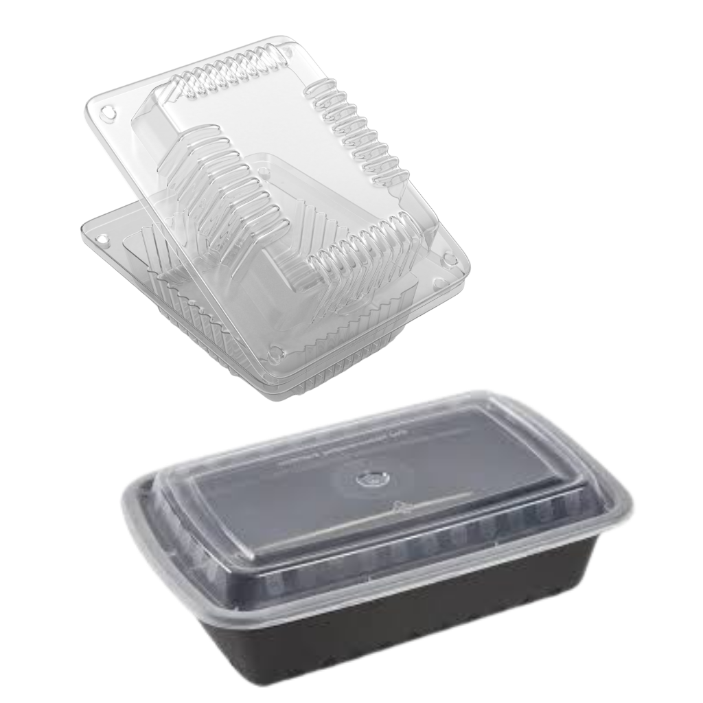 Two clear plastic food containers, one open and one closed with a black base and transparent lid.
