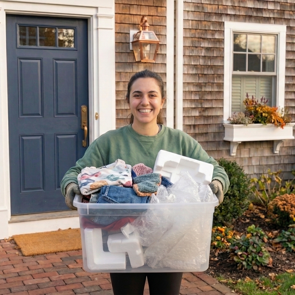 Smiling woman holding a clear plastic bin filled with clothes and packing materials on a brick pathway in front of a house with a blue door.
