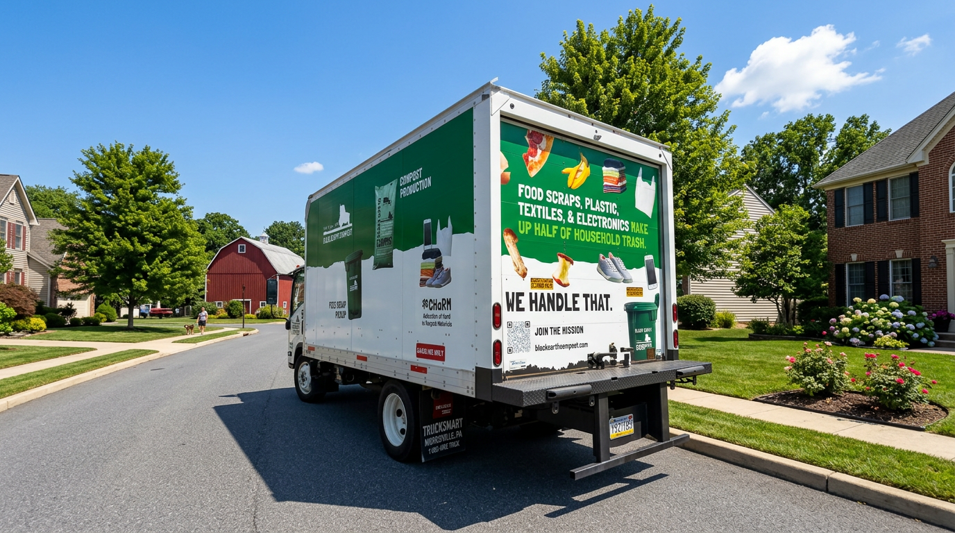 White and green waste management truck on a suburban street with message about handling food scraps, plastic, textiles, and electronics that make up half of household trash.
