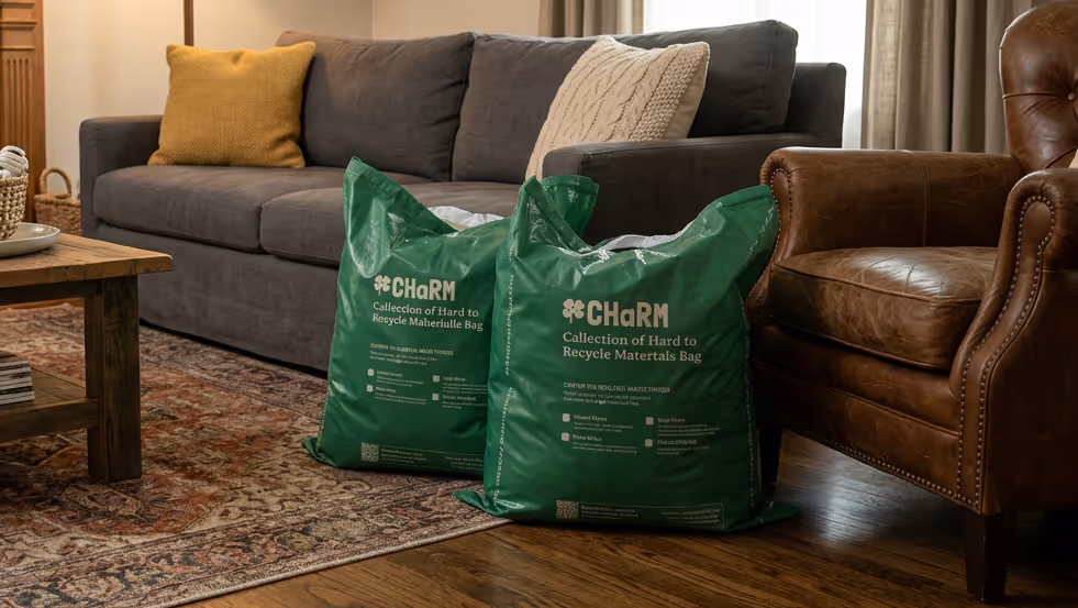 Two green bags labeled 'CHaRM Collection of Hard to Recycle Materials Bag' placed on a patterned rug in a living room with a gray sofa, brown leather armchair, and wooden coffee table.