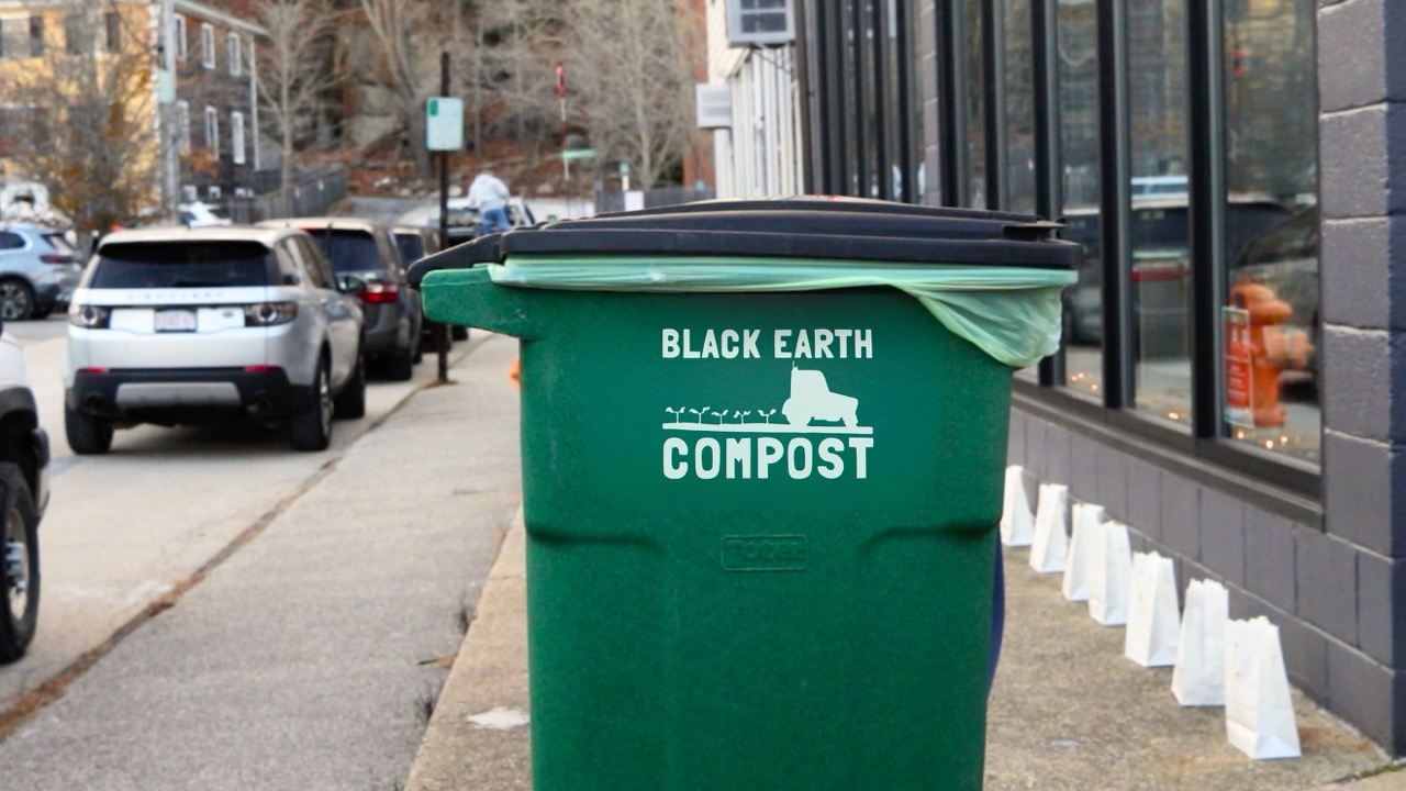 Green compost bin labeled Black Earth Compost with a black lid and green liner, placed on a sidewalk near parked cars and buildings.
