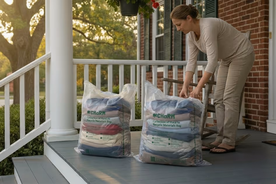 A woman placing two clear CHaRM bags on a front porch to be picked up