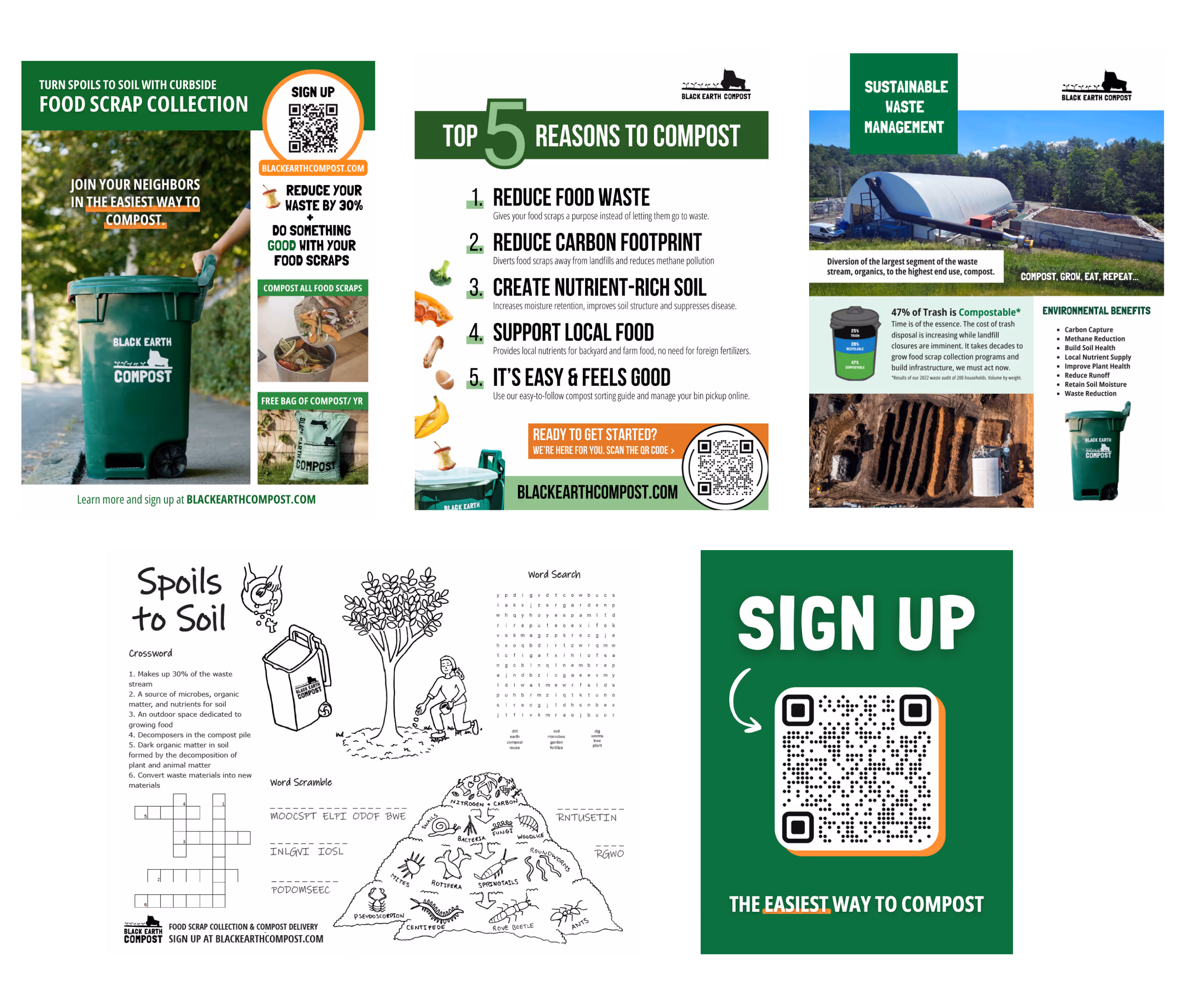 Collage of five composting awareness flyers showing a green Black Earth Compost bin, top 5 reasons to compost, sustainable waste management info with landfill image, a Spoils to Soil crossword and word search activity sheet, and a green sign up poster with QR code for easy compost signup.