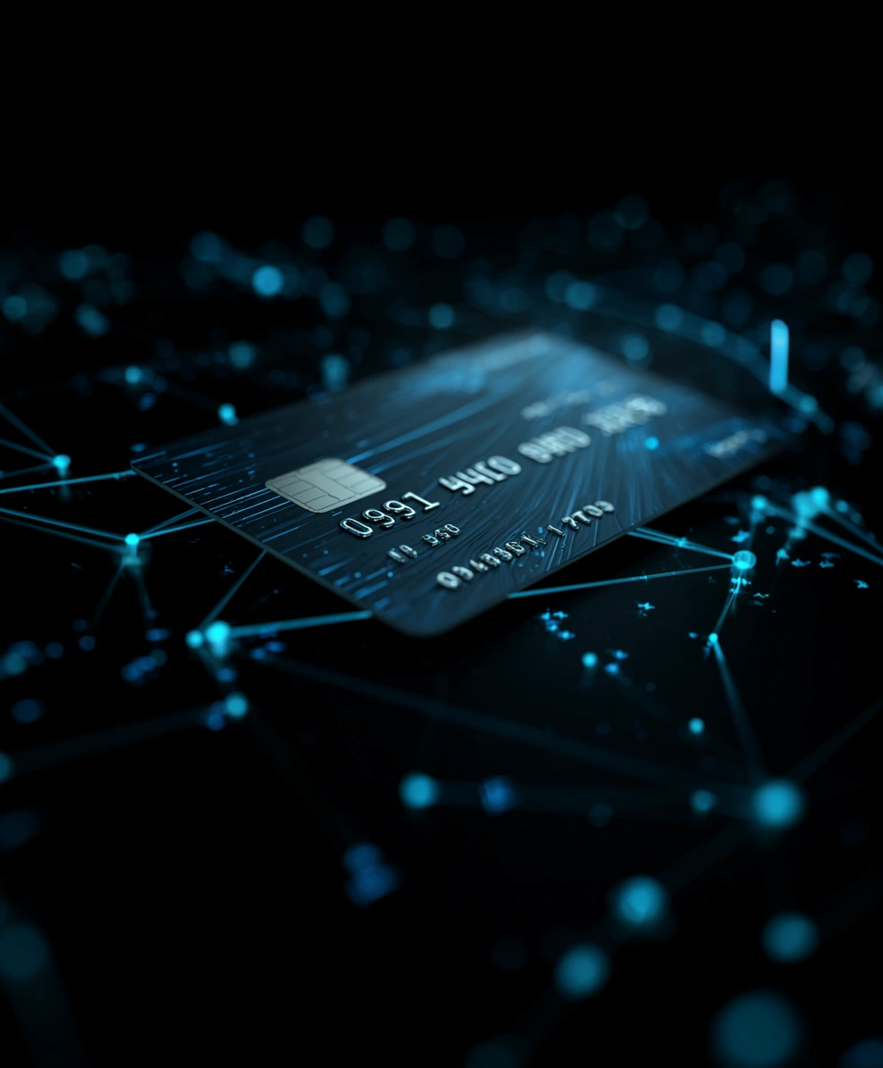 Black credit card with a chip, surrounded by glowing blue digital network connections on a dark background.