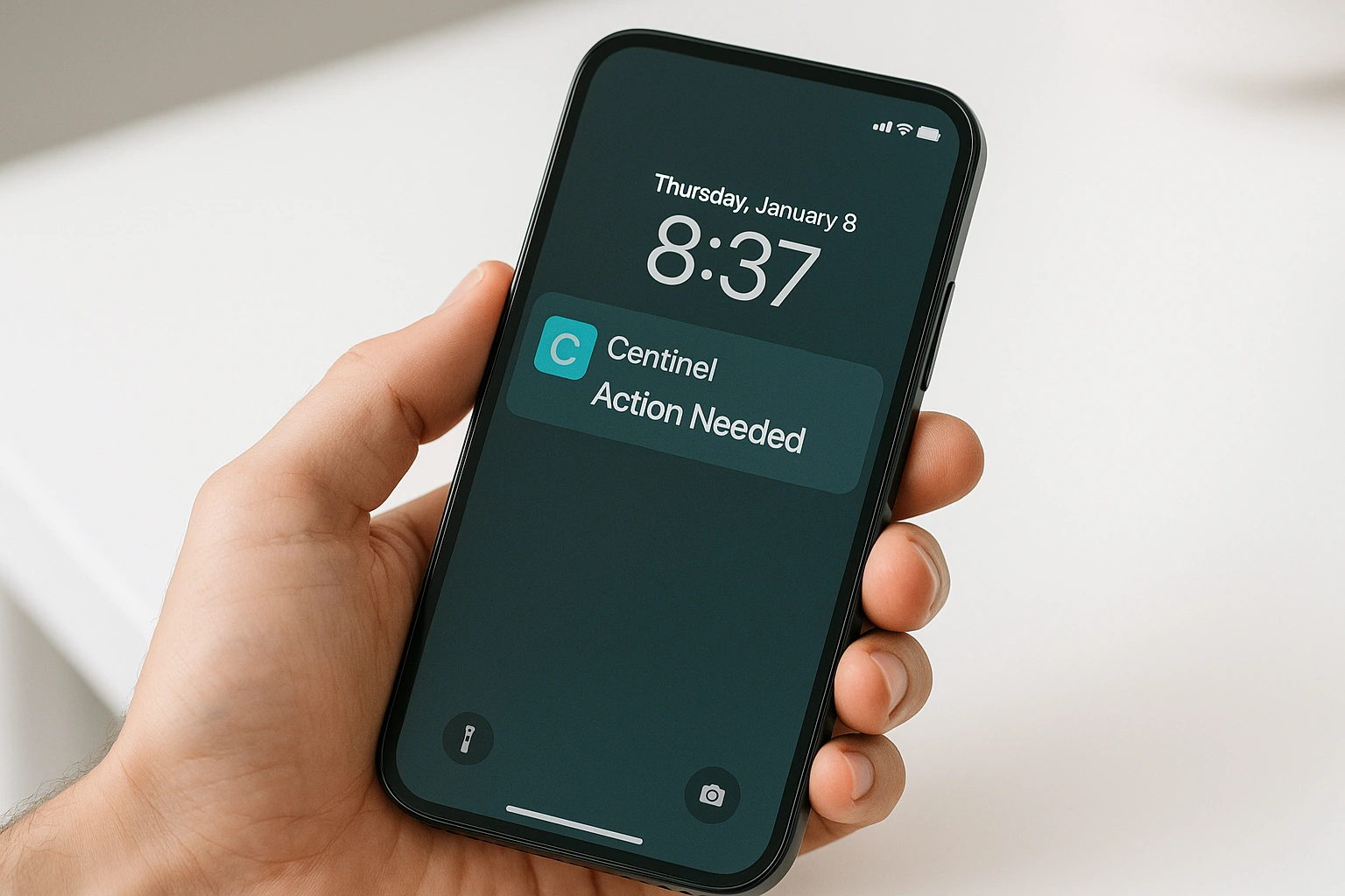 Hand holding a smartphone displaying a notification from Centinel with the message 'Action Needed' and the time 8:37 on Thursday, January 8.