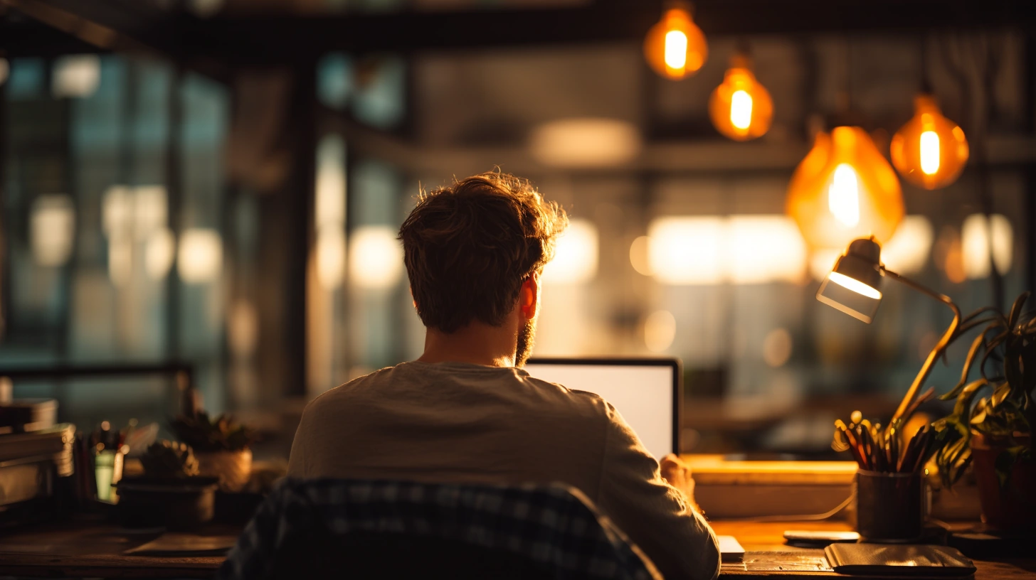 Man working on a laptop at a desk illuminated by warm hanging and desk lamps in a cozy indoor setting.